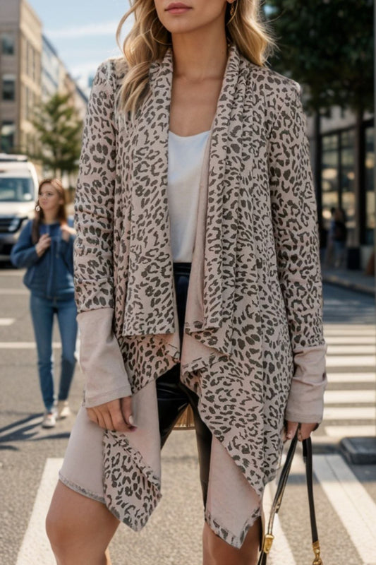 Leopard Open Front Long Sleeve Cover-Up